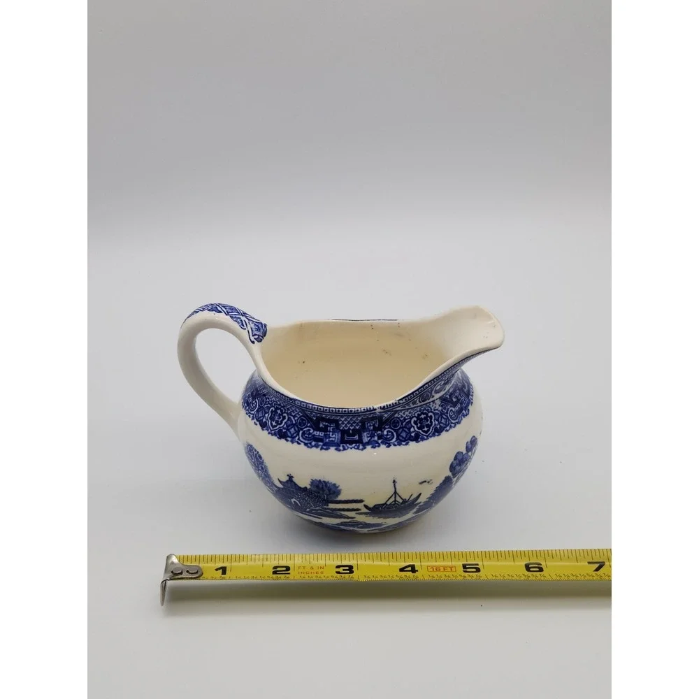 Vintage Blue Willow Creamer White Blue Birds Unmarked Ceramic